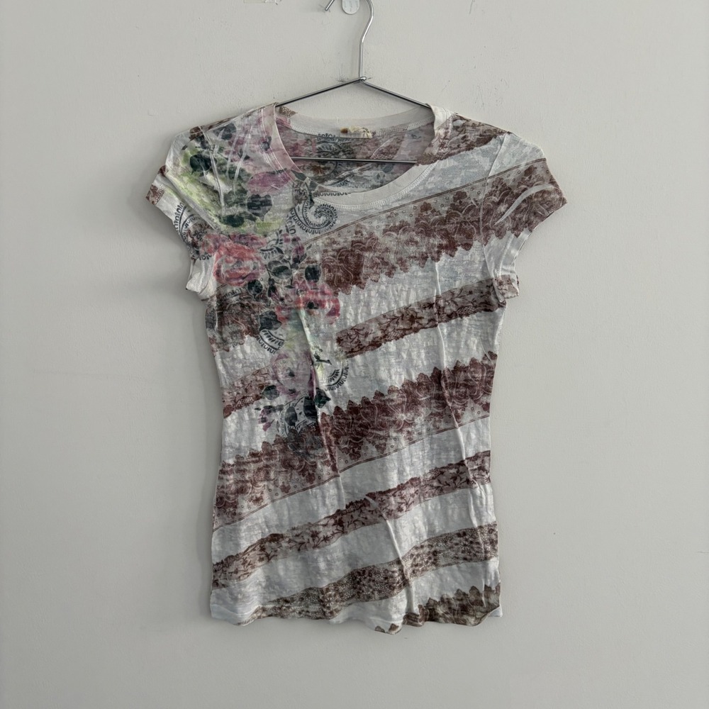 Skygirl Y2K Floral Lace Stripe Graphic T-Shirt White Brown Small